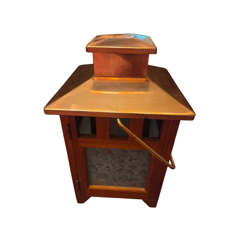 Wood Copper Candle Lantern Mission Style Rustic Seeded Textured Glass Decor